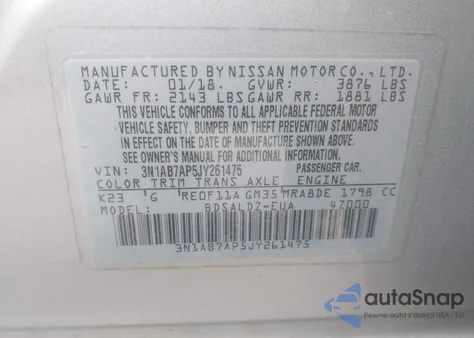 2018 Nissan Sentra Sv z USA, uszkodzony, nr VIN 3N1AB7AP5JY261475